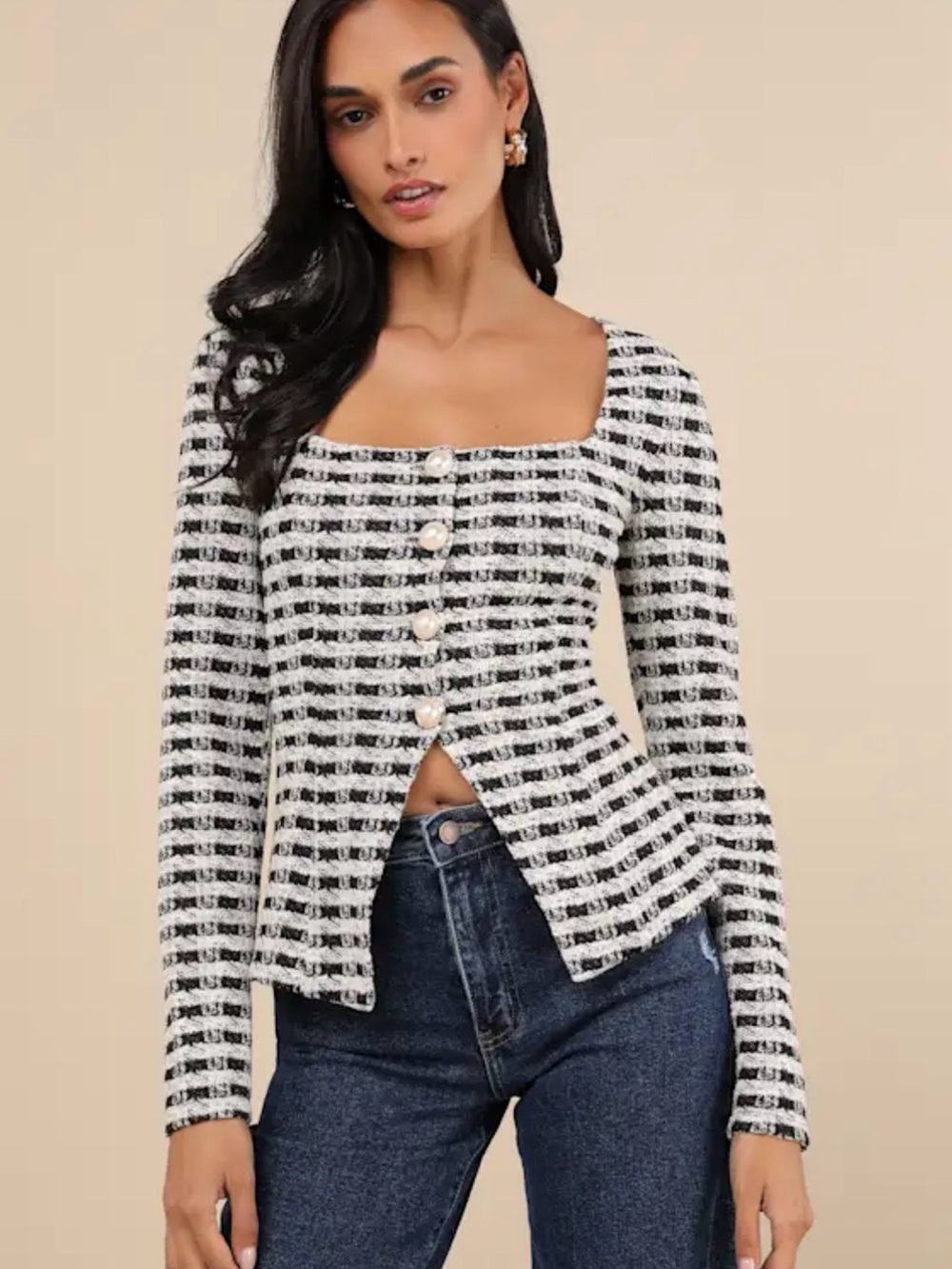 Lulu's Black & White Check Square-Neck Tweed Button Top